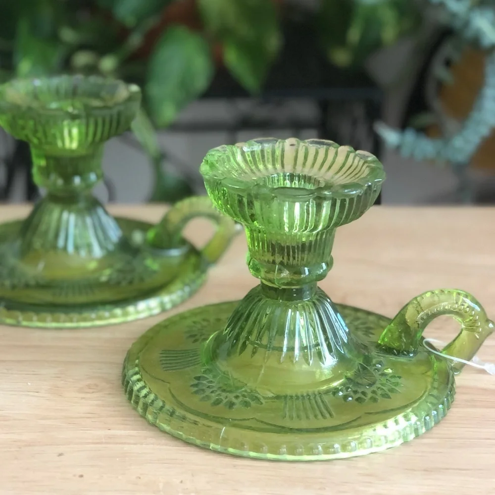 Pier 1 Imports Green Pressed Glass Chambersticks Taper Candlestick Holders Set 2